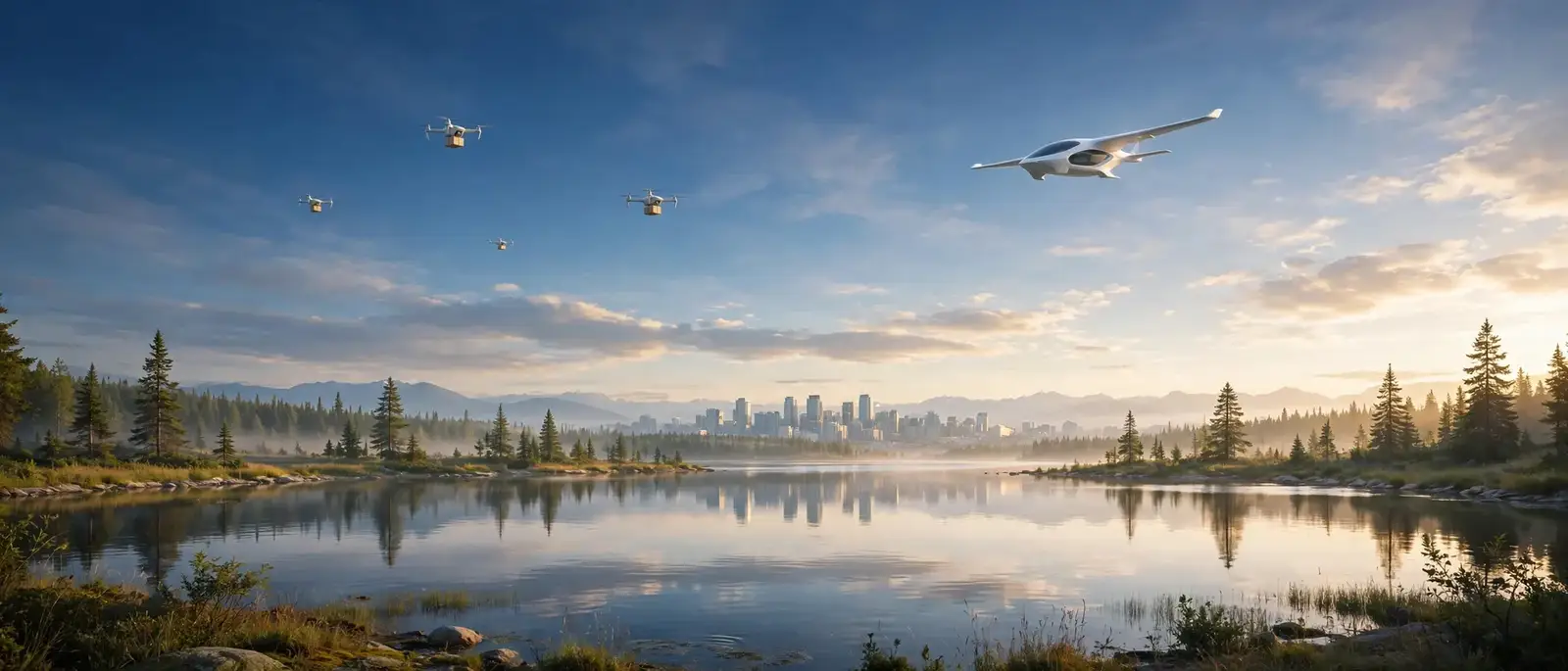Delivery drones and an eVTOL flying over a Canadian lake at sunrise, with a city skyline on the horizon